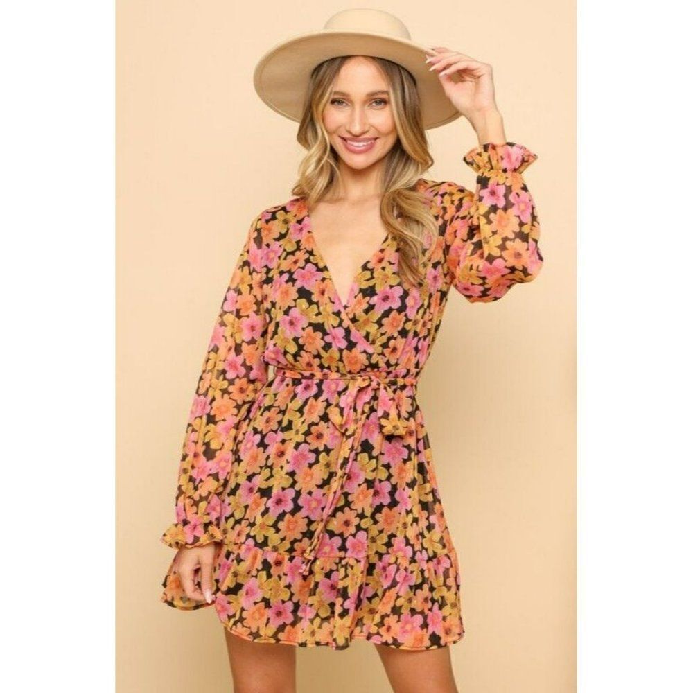 SALE! Peach Love Women Floral Fall Dress Babydoll Pink Orange Flowers D85620-01 - Picture 7 of 10